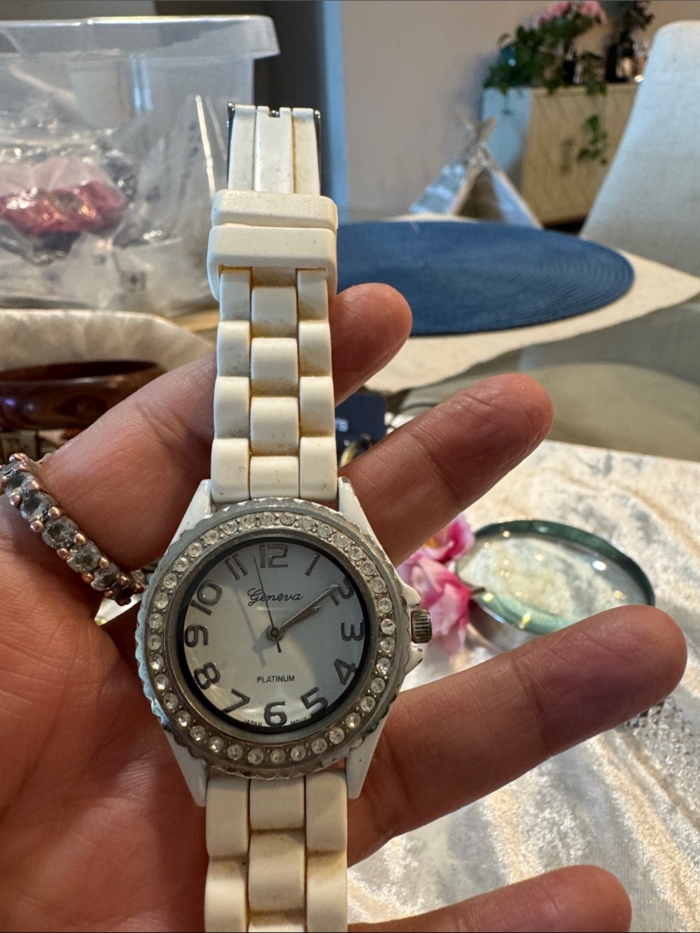 Geneva White Crystal-Trim Silicone Bracelet Watch